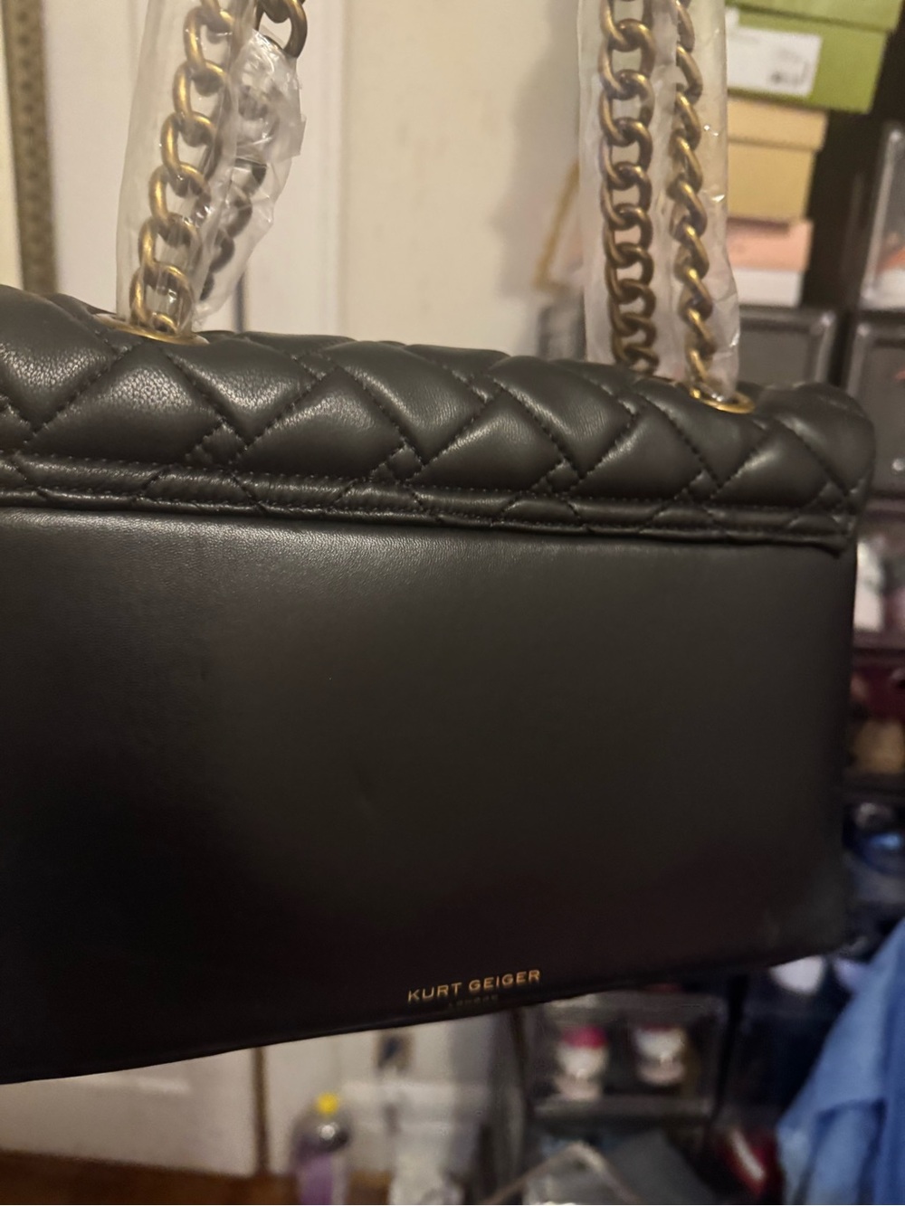 Kurt Geiger Black Quilted Leather Shoulder Bag with Gold Chain